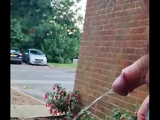Chubby Gay Guy taking a risky piss outside